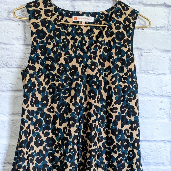 Jude Connally Animal Print Sleeveless Dress XS Tan Teal Black Leopard Cheetah - Picture 2 of 4